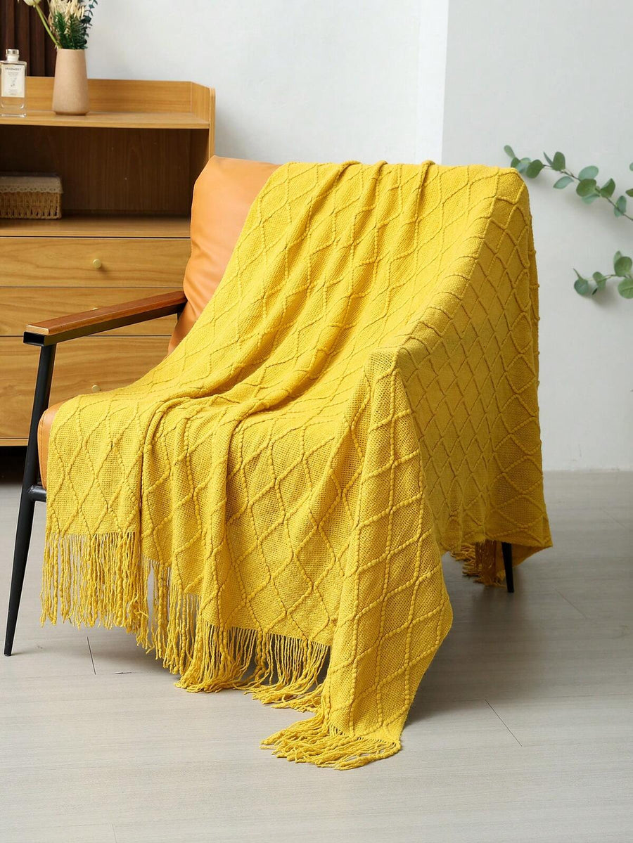A Diamond-Shaped Pure-Color Knitted Blanket, Featuring A Nordic Style With Rectangular Fringed Edges, Ideal For Office Naps, Bed Covers, Bed End Covers, And Sofa Covers, Suitable For Daily Use